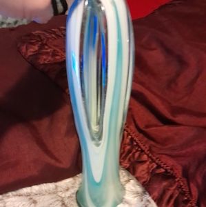 COPY - OZARK ART GLASS VASE AQUA TURQUOISE BLUE AND WHITE SWIRLED